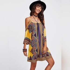 Kimono Sleeve Tunic Dress Boho Vintage Print Geometric  Women's Large
